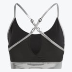 The back view of a black sports bra with metallic silver criss-cross straps and a metallic silver band.