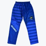 Blue athletic pants with a striped design, featuring JAILBIRDS text on the right leg and a cartoon bird mascot on the left leg.