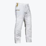 A side-angle product shot of white Addos Jiu-Jitsu gi pants with gold accents, isolated on a white background.