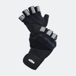 A pair of black Addos fingerless weightlifting gloves with wrist wraps and grey finger tabs, shown against a plain light background.
