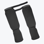 A pair of black padded martial arts shin and instep guards with elastic straps on a white background.
