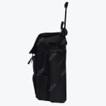 Side view of a black rolling backpack with an extended telescopic handle and various side pockets against a white background.