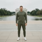 A man in a matching olive green sweatshirt and sweatpants with white sneakers stands in front of the Lincoln Memorial Reflecting Pool.