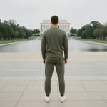 A back view of a man in an olive green tracksuit standing symmetrically in front of the Lincoln Memorial Reflecting Pool in Washington, D.C.