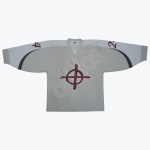 A light grey hockey jersey with white shoulders, featuring a maroon crosshair symbol over embossed bubble letters on the chest, and maroon numbers 4 and 2 on the sleeves.