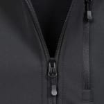 Close-up of a black outdoor jacket showing the main front zipper partially open and a vertical chest pocket zipper with pull tabs.