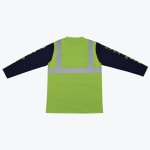 Back view of a neon green long-sleeve safety shirt with silver reflective stripes and navy blue sleeves.
