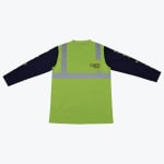 A neon green and navy blue long-sleeve safety shirt with reflective silver stripes and a chest pocket displaying the dyna-mist logo.