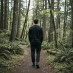 Rear view of a man in black athletic wear walking down a dirt path surrounded by lush green ferns and tall trees in a dense forest.