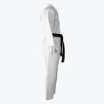 Side view of a white Addos karate gi with a black belt tied around the waist, set against a plain white background.