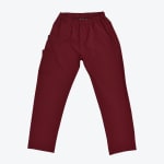 A flat lay of maroon utility pants with an elastic waist and a side pocket on a white background.