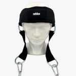 A black Addos neck training harness with metal chains worn by a white mannequin head against a plain white background.