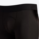 Close-up view of the waistband and front pouch of black athletic compression shorts.