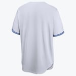The back of a blank light grey baseball jersey with blue double stripes on the sleeve cuffs, displayed on a white background.