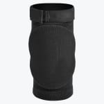 A black padded knee support sleeve with an adjustable strap on a white background.