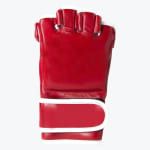 A red leather open-finger MMA glove with white trim and a velcro wrist strap, isolated on a white background.