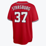 Back view of a red Washington Nationals baseball jersey with STRASBURG and 37 in white and navy lettering.