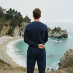 Back view of a man in navy blue loungewear standing on a cliff overlooking a scenic beach cove with turquoise water and a waterfall.