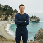 A man in a navy blue sweatshirt and sweatpants stands with arms crossed against a scenic coastal background featuring a beach, turquoise water, and a waterfall.
