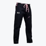 Black martial arts gi pants with a pink drawstring and pink Addos logo embroidery on a plain white background.