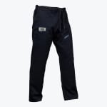 A pair of black martial arts gi pants with a drawstring waist and brand logos on both thighs, isolated on a white background.