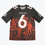 A black streetwear jersey with a large white number 6 on the chest, the word FOREVER, and red cartoon-style illustrations of prisoners, skulls, and animals on the lower half.