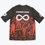 Back view of a black short-sleeve athletic shirt with FOREVER and an infinity symbol in white and red, above a busy red collage pattern featuring street-art illustrations.