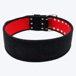 A black weightlifting belt with a red interior and a double-prong metal buckle.