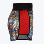 Side view of Muay Thai shorts with a colorful Thai-themed doodle print, a thick black waistband, and a red mesh side panel.
