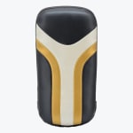 A curved martial arts kick pad with a black, gold, and white color design, shown against a plain white background.
