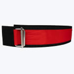 A red nylon weightlifting belt with black borders and a silver knurled steel roller buckle, displayed against a plain white background.