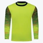 A neon green long-sleeve athletic jersey with patterned sleeves in green and orange, and a black crew neck collar, displayed against a white background.