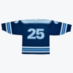 Back of a navy blue sports jersey with light blue and white stripes and the number 25 in the center.