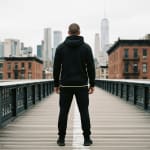 Rear view of a man in a black tracksuit standing on a wooden elevated walkway, looking toward the New York City skyline.