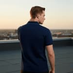 Back view of a man in a navy blue polo shirt standing on a rooftop during sunset, looking over a city skyline.