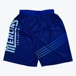 A pair of royal blue athletic basketball shorts featuring MERLINS CRAILSHEIM printed vertically in light blue on the left leg and four diagonal light blue stripes on the right leg.