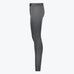 Side view of dark gray athletic compression leggings with a mesh panel behind the knee, set against a plain white background.