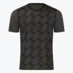 A dark grey athletic t-shirt with a geometric diagonal pattern on the front and a v-neck collar, set against a white background.