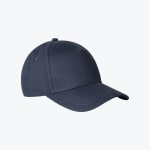 A side-angle view of a plain, dark navy blue baseball cap on a solid white background.