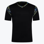 A black short-sleeved V-neck t-shirt with colorful geometric patterns on the shoulders and collar, displayed against a white background.