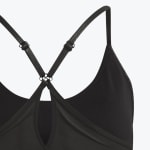 Close-up of the back of a black sports bra showing adjustable criss-cross straps and a keyhole detail.