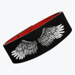 A black leather weightlifting belt with detailed white embroidered wings on the exterior and a red interior lining, displayed against a plain white background.
