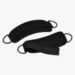 A pair of black padded ankle straps with velcro closures and metal D-rings, isolated on a white background.