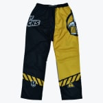 A pair of athletic pants with a split black and yellow design, featuring beer and anchor graphics, hazard stripes near the ankles, and an elastic waistband.