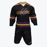 A black, purple, and gold sports uniform set featuring a short-sleeve mesh jersey with WOLVERINES, claw marks, and the number 23 on the chest, paired with matching black shorts, displayed on a white mannequin against a plain white background.
