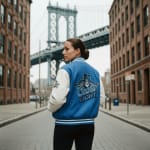 A woman wearing a blue and white Coors Light varsity jacket with a panther graphic on the back, standing on a cobblestone street in DUMBO with the Manhattan Bridge in the background.