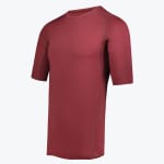 A maroon short-sleeve athletic compression shirt shown from a three-quarter angle against a white background.