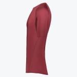 Side view of a maroon short-sleeved compression shirt on a white background.