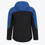 Back view of a blue and black hooded outdoor jacket with a curved hem against a plain white background.