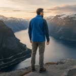Rear view of a man in a blue fleece jacket and hiking boots standing on a cliff edge overlooking a deep blue fjord surrounded by snow-capped mountains at sunset.
